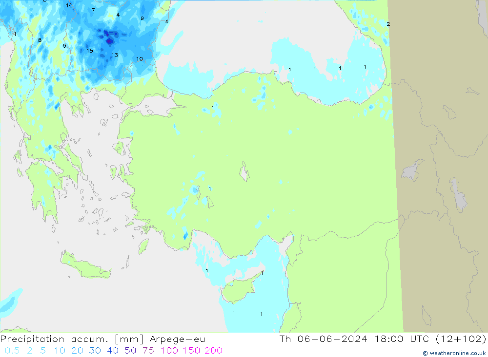 Precipitation accum. Arpege-eu Th 06.06.2024 18 UTC