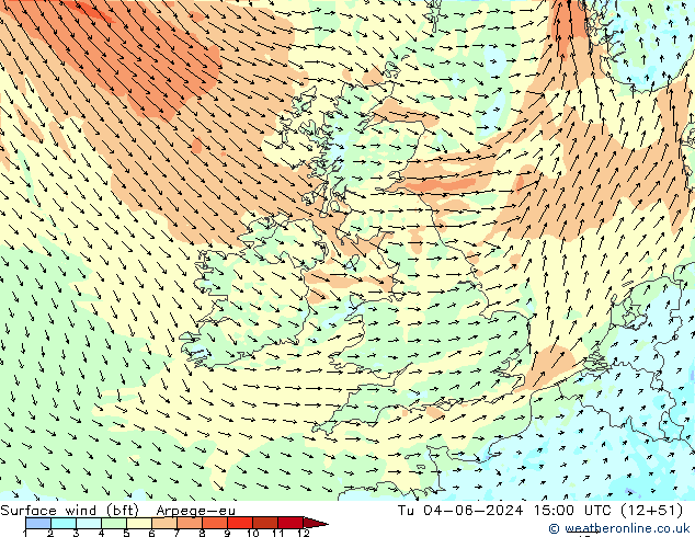 Viento 10 m (bft) Arpege-eu mar 04.06.2024 15 UTC