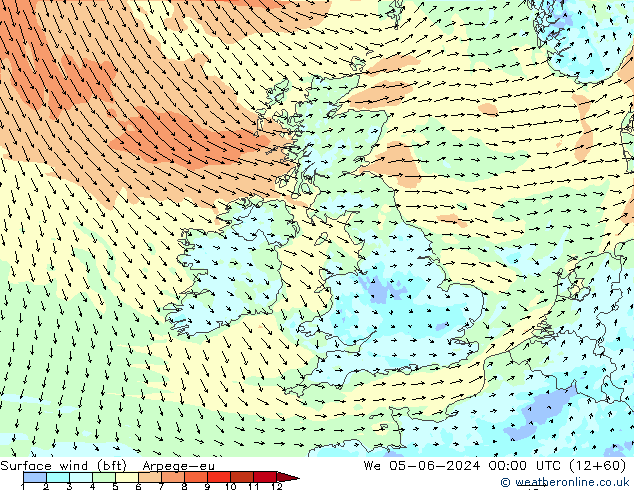 Surface wind (bft) Arpege-eu St 05.06.2024 00 UTC