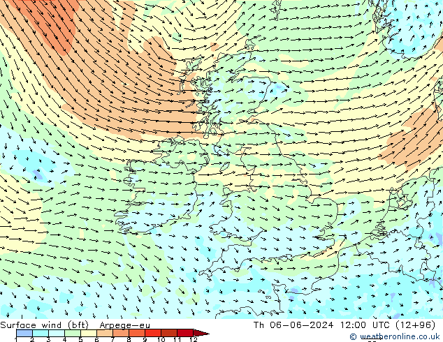 Surface wind (bft) Arpege-eu Čt 06.06.2024 12 UTC