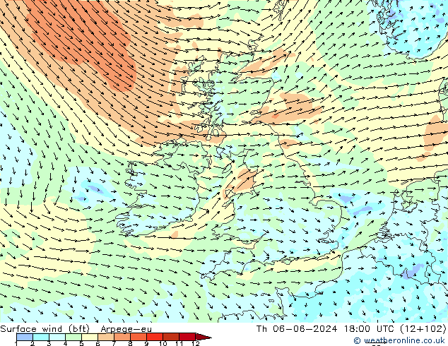 Surface wind (bft) Arpege-eu Čt 06.06.2024 18 UTC
