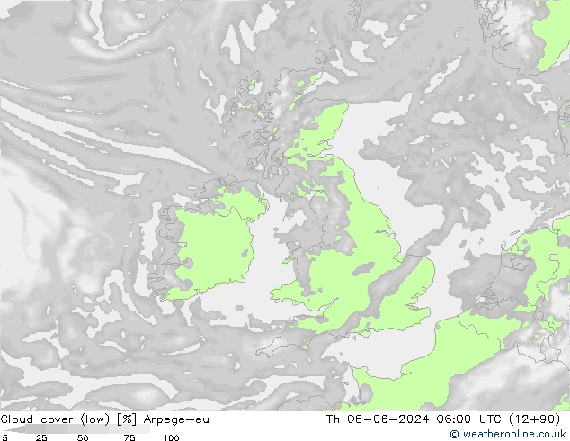 Cloud cover (low) Arpege-eu Th 06.06.2024 06 UTC