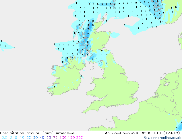 Precipitation accum. Arpege-eu Seg 03.06.2024 06 UTC