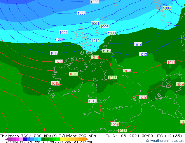 Thck 700-1000 hPa Arpege-eu Tu 04.06.2024 00 UTC