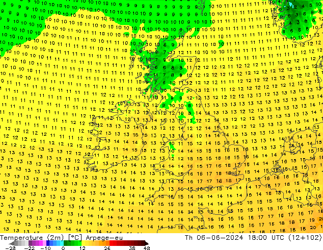Temperatuurkaart (2m) Arpege-eu do 06.06.2024 18 UTC