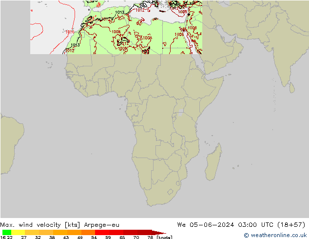 Max. wind velocity Arpege-eu mer 05.06.2024 03 UTC