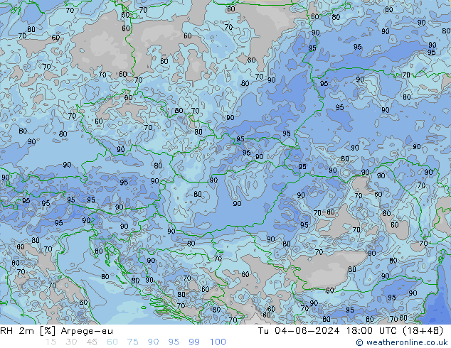 RH 2m Arpege-eu Út 04.06.2024 18 UTC