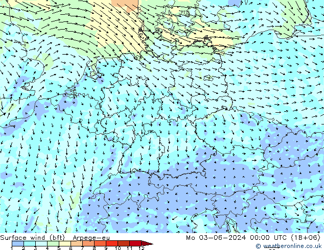 Surface wind (bft) Arpege-eu Mo 03.06.2024 00 UTC