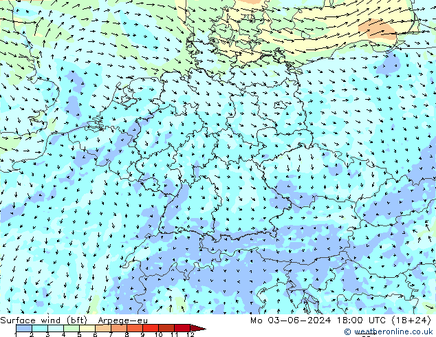 Surface wind (bft) Arpege-eu Mo 03.06.2024 18 UTC