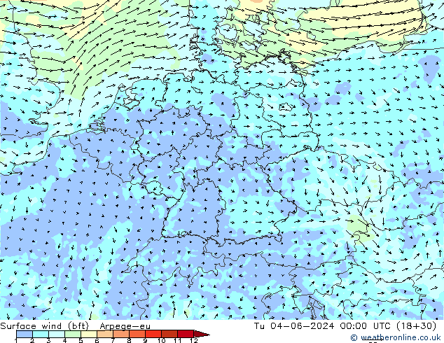 wiatr 10 m (bft) Arpege-eu wto. 04.06.2024 00 UTC