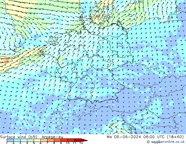 Wind 10 m (bft) Arpege-eu wo 05.06.2024 06 UTC