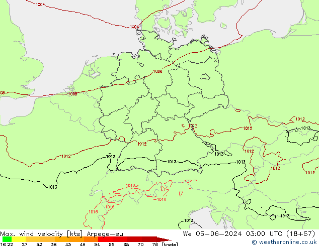 Max. wind velocity Arpege-eu We 05.06.2024 03 UTC