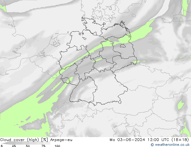 Cloud cover (high) Arpege-eu Mo 03.06.2024 12 UTC