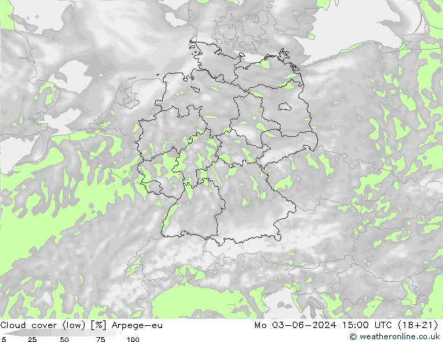 Cloud cover (low) Arpege-eu Mo 03.06.2024 15 UTC