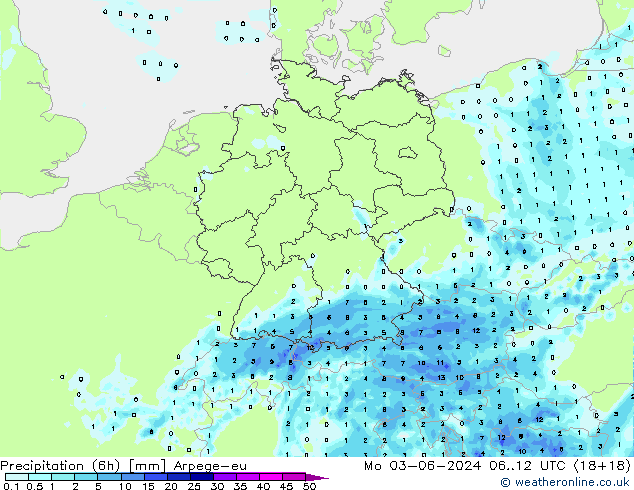 Precipitation (6h) Arpege-eu Mo 03.06.2024 12 UTC