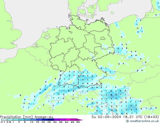 Precipitazione Arpege-eu dom 02.06.2024 21 UTC