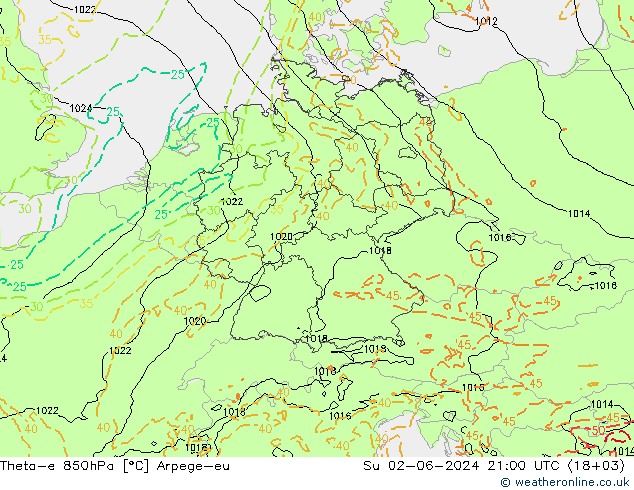 Theta-e 850hPa Arpege-eu nie. 02.06.2024 21 UTC