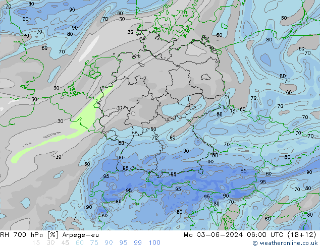 Humedad rel. 700hPa Arpege-eu lun 03.06.2024 06 UTC