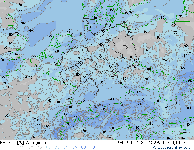 RH 2m Arpege-eu Tu 04.06.2024 18 UTC