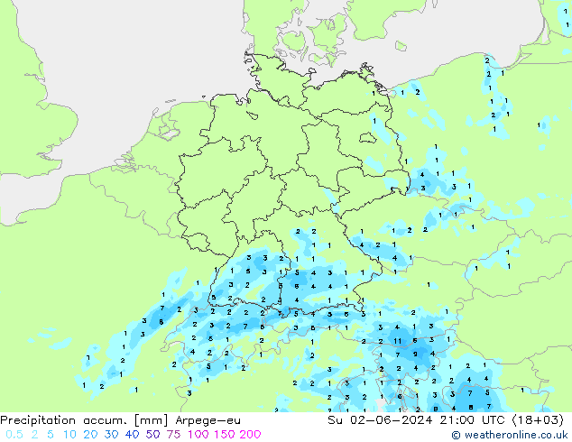Precipitation accum. Arpege-eu Su 02.06.2024 21 UTC