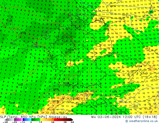 SLP/Temp. 850 hPa Arpege-eu Mo 03.06.2024 12 UTC