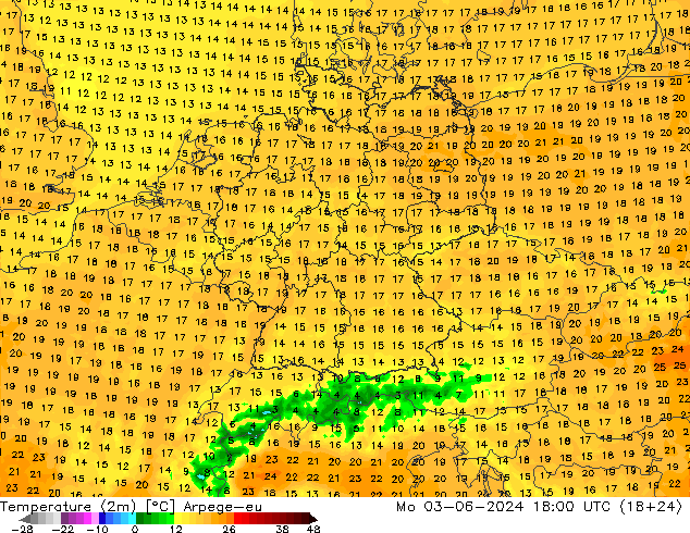 Temperature (2m) Arpege-eu Mo 03.06.2024 18 UTC