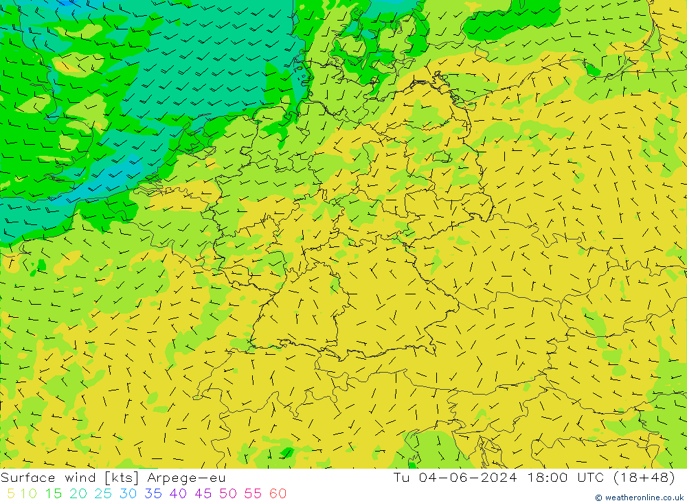 Viento 10 m Arpege-eu mar 04.06.2024 18 UTC