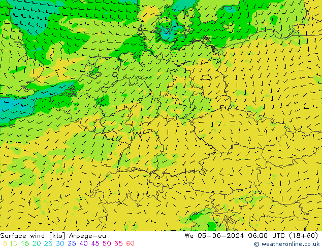 Wind 10 m Arpege-eu wo 05.06.2024 06 UTC