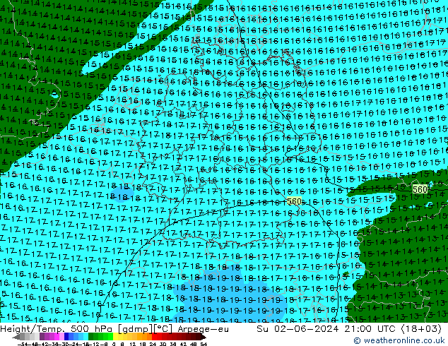 Height/Temp. 500 hPa Arpege-eu nie. 02.06.2024 21 UTC