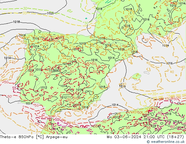 Theta-e 850hPa Arpege-eu lun 03.06.2024 21 UTC
