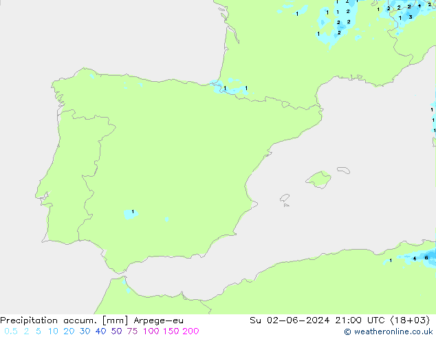 Precipitation accum. Arpege-eu Su 02.06.2024 21 UTC