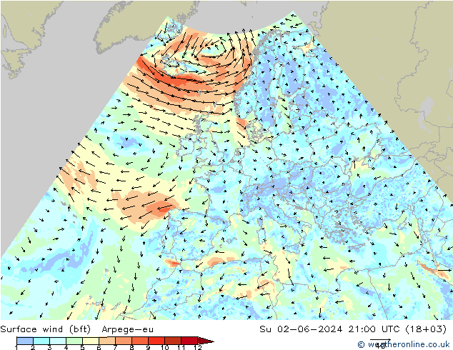 Surface wind (bft) Arpege-eu Ne 02.06.2024 21 UTC