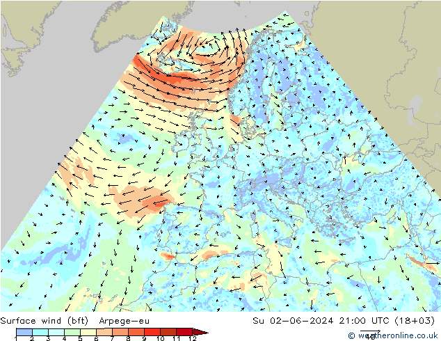 Bodenwind (bft) Arpege-eu So 02.06.2024 21 UTC