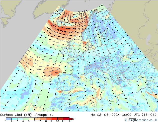 Surface wind (bft) Arpege-eu Mo 03.06.2024 00 UTC