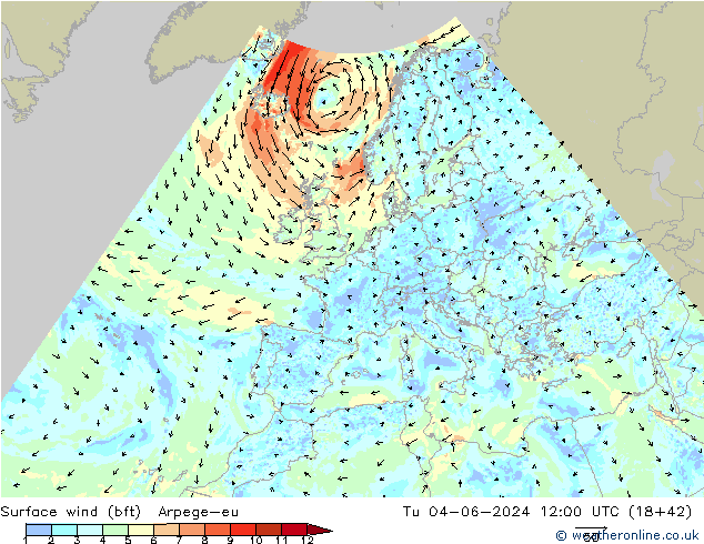 Viento 10 m (bft) Arpege-eu mar 04.06.2024 12 UTC