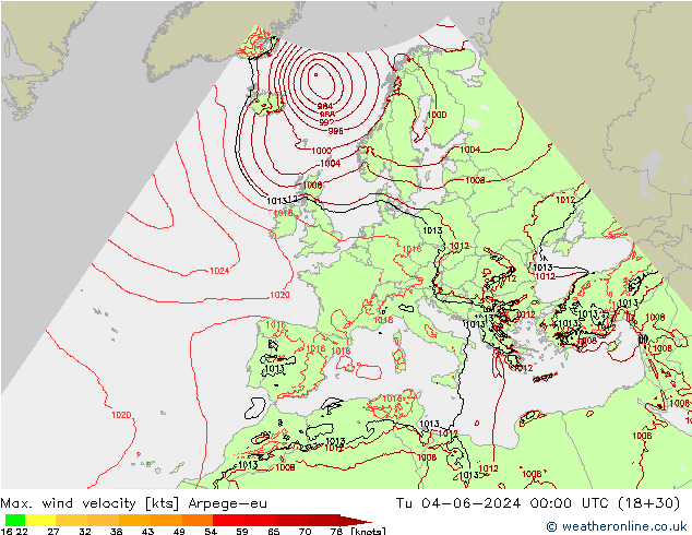 Max. wind velocity Arpege-eu Út 04.06.2024 00 UTC