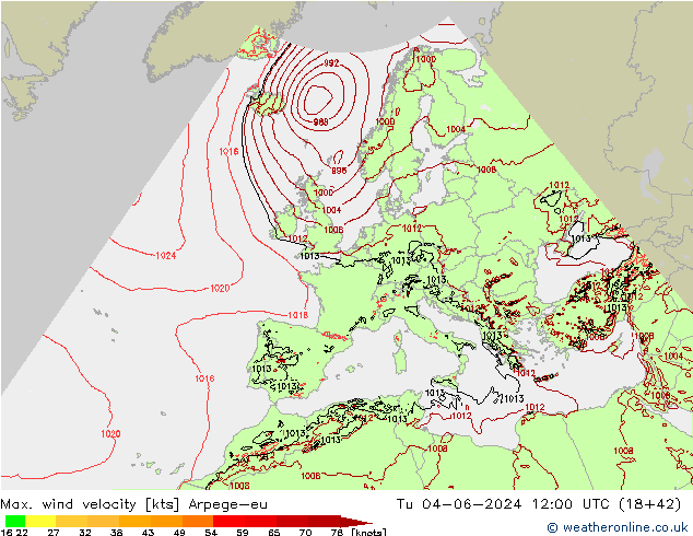 Max. wind velocity Arpege-eu Tu 04.06.2024 12 UTC