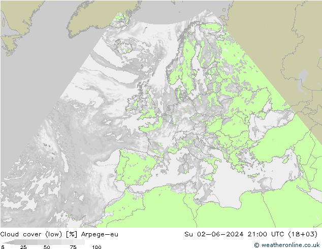 Cloud cover (low) Arpege-eu Su 02.06.2024 21 UTC