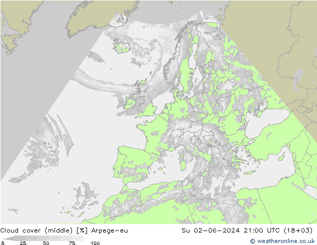 Cloud cover (middle) Arpege-eu Su 02.06.2024 21 UTC