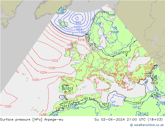 Surface pressure Arpege-eu Su 02.06.2024 21 UTC