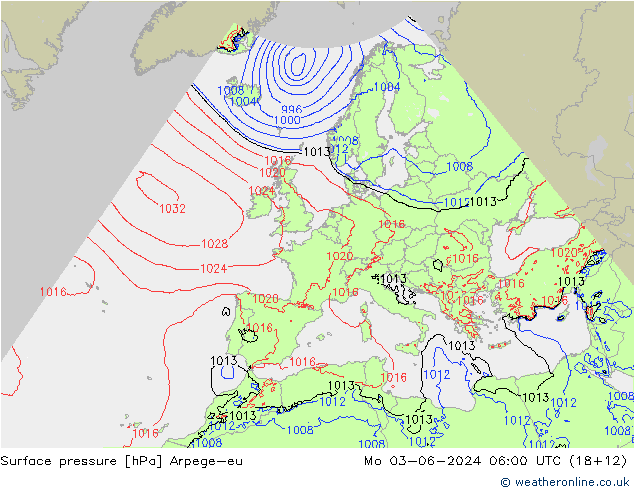地面气压 Arpege-eu 星期一 03.06.2024 06 UTC