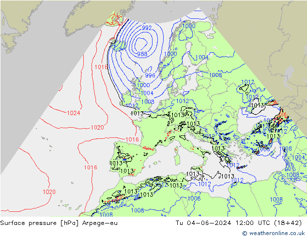 Pressione al suolo Arpege-eu mar 04.06.2024 12 UTC