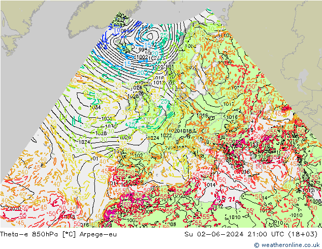 Theta-e 850hPa Arpege-eu 星期日 02.06.2024 21 UTC