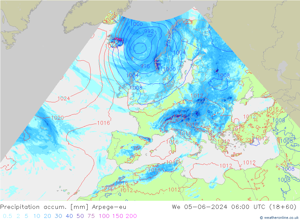 Totale neerslag Arpege-eu wo 05.06.2024 06 UTC