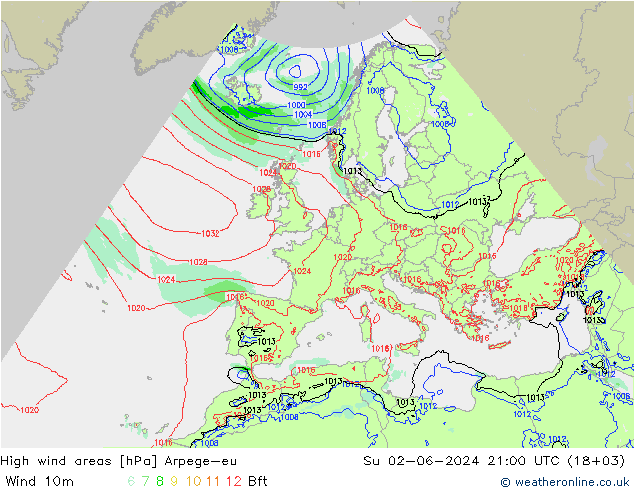 High wind areas Arpege-eu Su 02.06.2024 21 UTC
