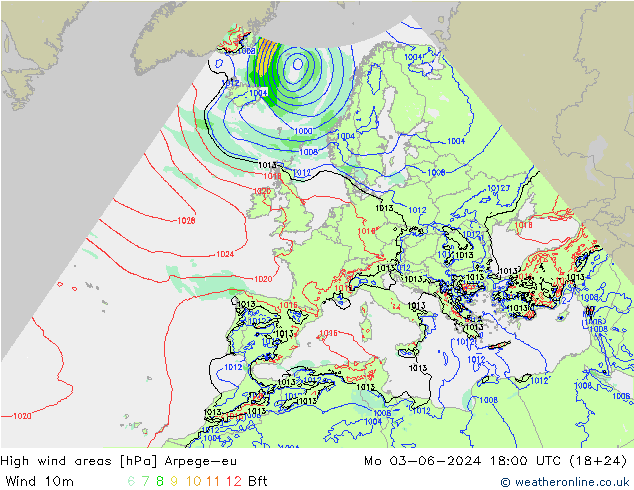 High wind areas Arpege-eu Mo 03.06.2024 18 UTC