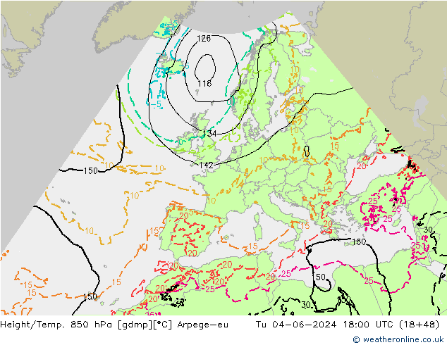 Height/Temp. 850 hPa Arpege-eu Tu 04.06.2024 18 UTC