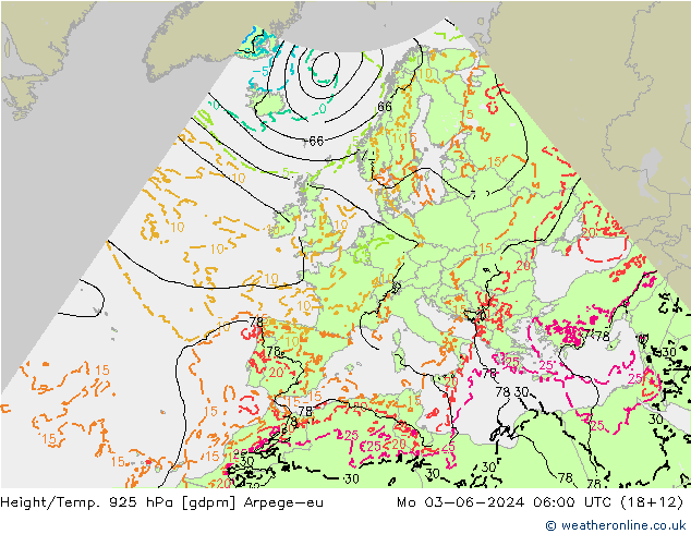 Height/Temp. 925 hPa Arpege-eu Mo 03.06.2024 06 UTC