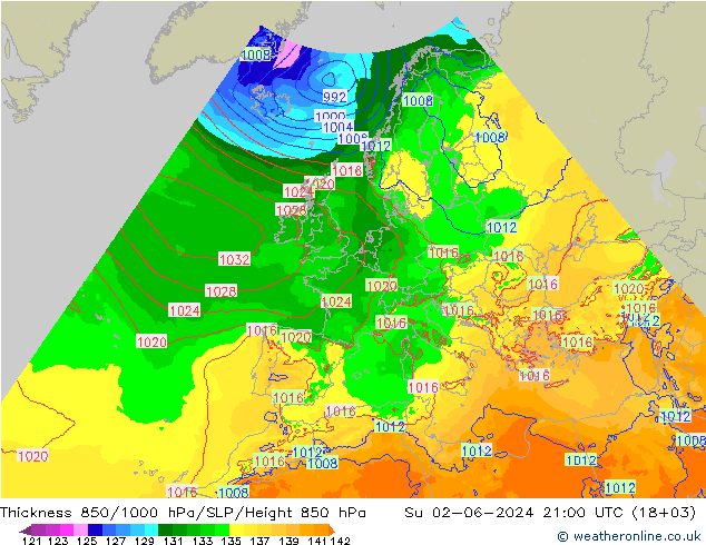 Schichtdicke 850-1000 hPa Arpege-eu So 02.06.2024 21 UTC