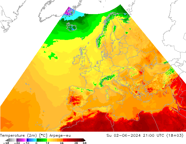 Temperatura (2m) Arpege-eu Dom 02.06.2024 21 UTC